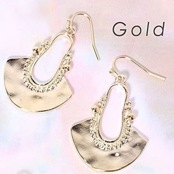 Gold Boho Chic Hammered Dangle Earrings - Picture 1 of 5
